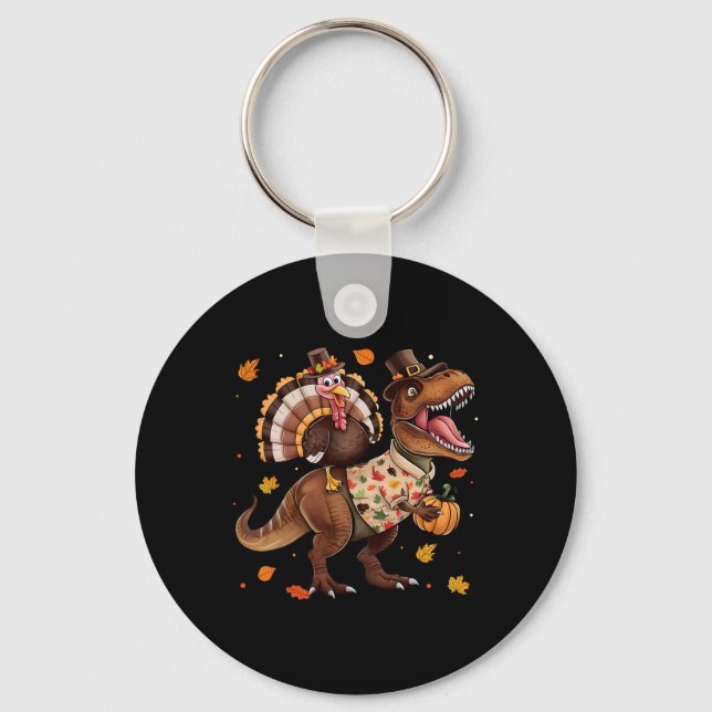Funny Turkey Riding Dinosaur T Rex Thanksgiving Bo Keychain (Front)