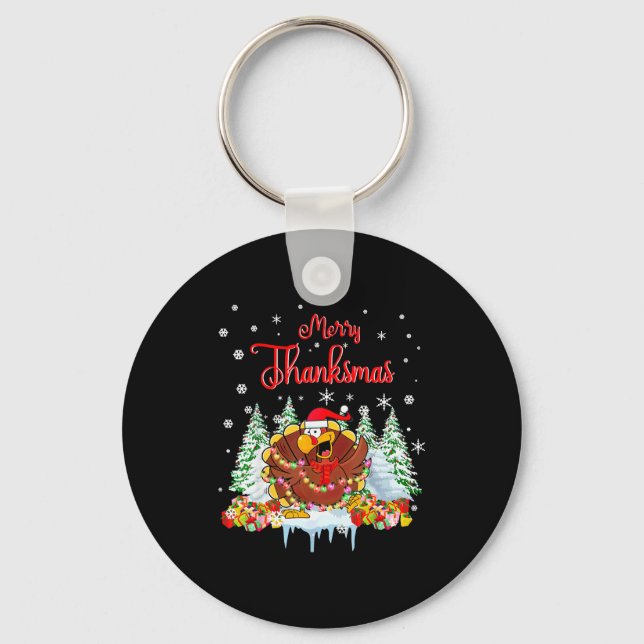 Funny Turkey Santa Merry Thanksmas Christmas Thank Keychain (Front)