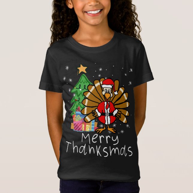 Funny Turkey Santa Merry Thanksmas Christmas Thank T-Shirt (Front)