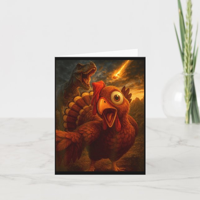 Funny Turkey Selfie With Dinosaur And Meteor Acaly Card (Front)