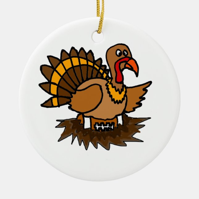 Funny Turkey Sitting on Football in Nest Ceramic Ornament (Front)