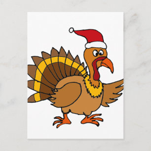 Funny Turkey Wearing Red Santa Hat Christmas Art Holiday Postcard