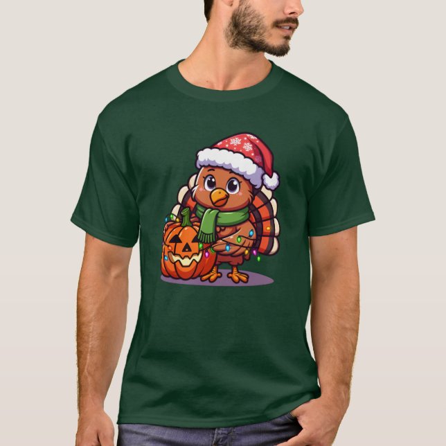 Funny Turkey with Pumpkin Wrapped in Lights Thanks T-Shirt (Front)