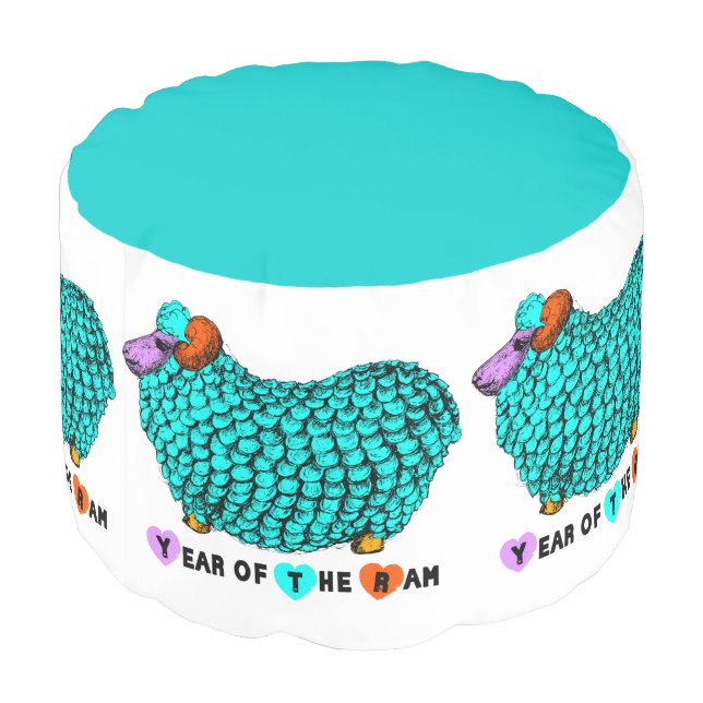 Funny Turquoise Ram Chinese Year Zodiac Round Pouf (Angled Back)