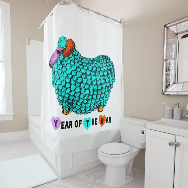Funny Turquoise Ram Chinese Year Zodiac Shower C Shower Curtain (In Situ)