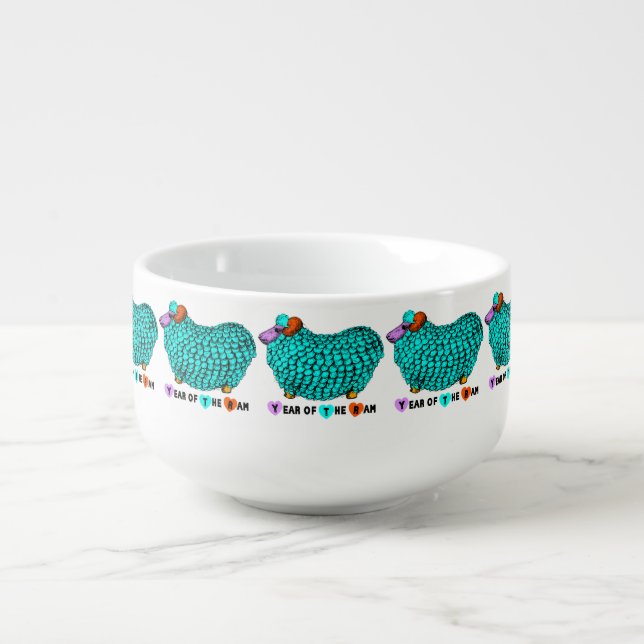Funny Turquoise Ram Chinese Year Zodiac Soup Bowl (Front)