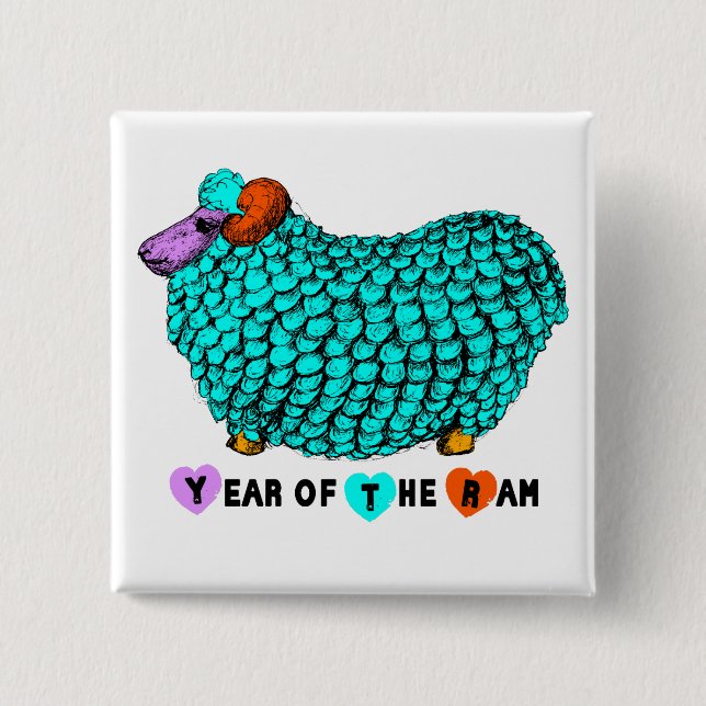 Funny Turquoise Ram Chinese Year Zodiac Square B Pinback Button (Front)