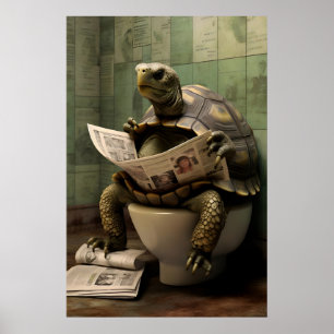 Funny Turtle Bathroom Print, Toilet Newspaper Art Poster