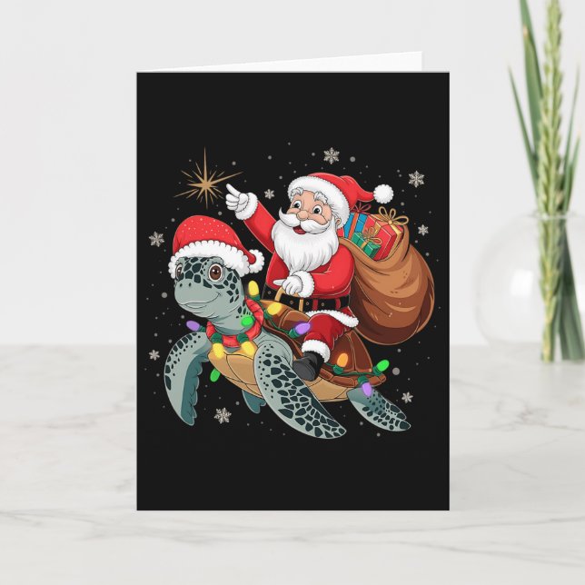 Funny Turtle Christmas Santa Riding Sea Turtle Xma Card (Front)