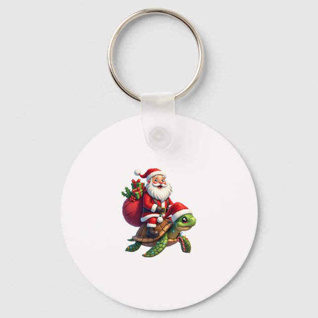 Funny Turtle Christmas Santa Riding Sea Turtle Xma Keychain (Front)