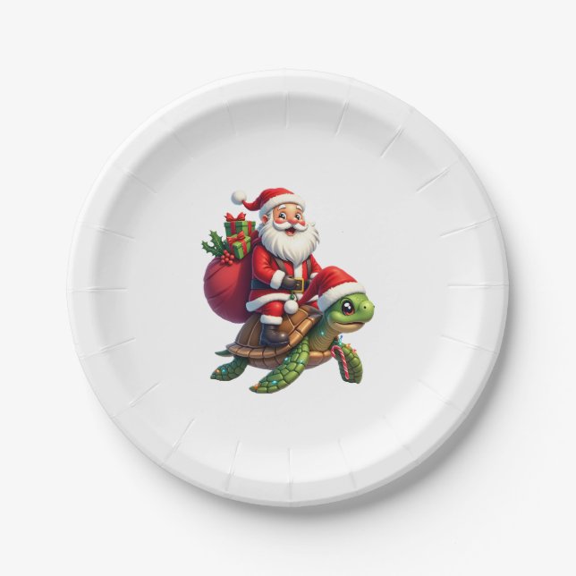 Funny Turtle Christmas Santa Riding Sea Turtle Xma Paper Plates (Front)