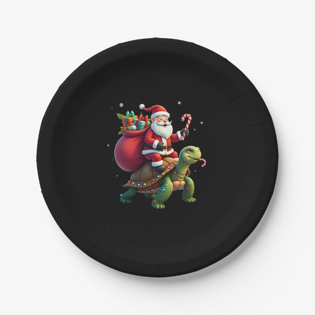 Funny Turtle Christmas Santa Riding Sea Turtle Xma Paper Plates (Front)