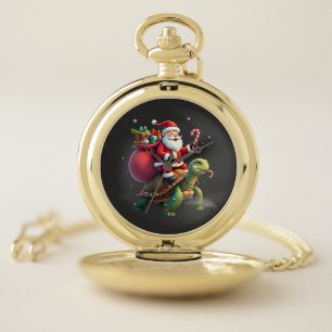 Funny Turtle Christmas Santa Riding Sea Turtle Xma Pocket Watch