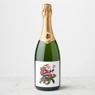 Funny Turtle Christmas Santa Riding Sea Turtle Xma Sparkling Wine Label