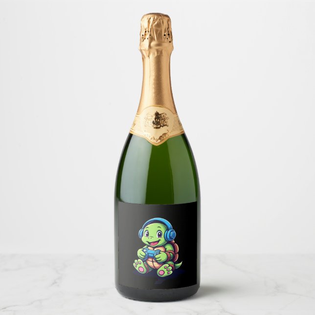 Funny Turtle Gamer Gaming Turtles Video Game (3) Sparkling Wine Label (Front)