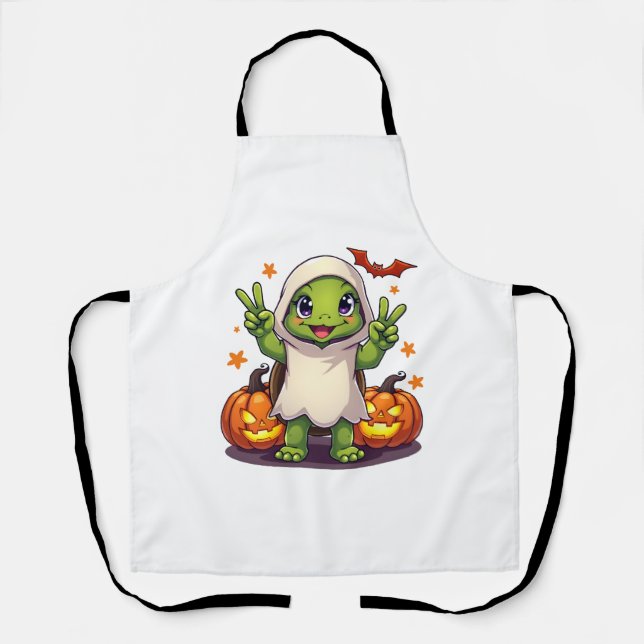 Funny Turtle Ghost Pumpkin Boo Halloween Kids Mens Apron (Front)