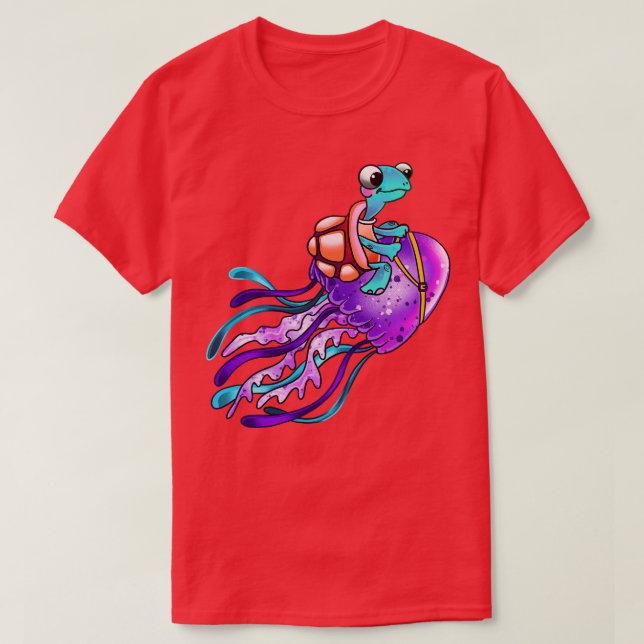 Funny Turtle Riding Jellyfish T-Shirt (Design Front)