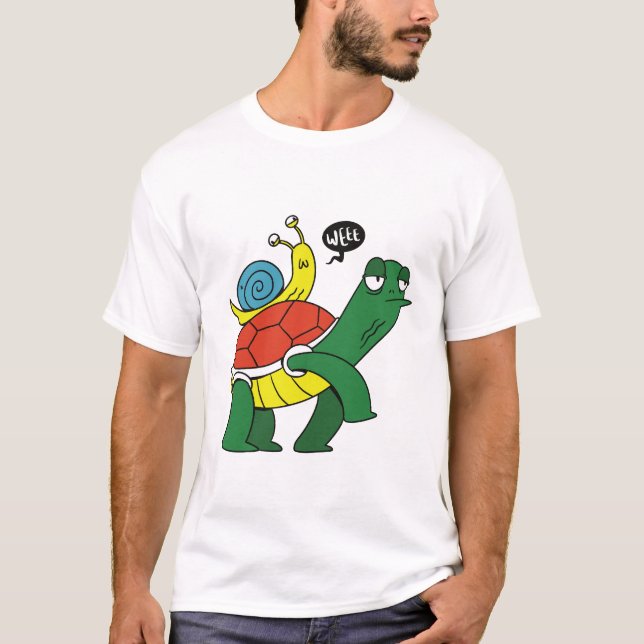 Funny Turtle Riding Snail Cartoon T-Shirt (Front)