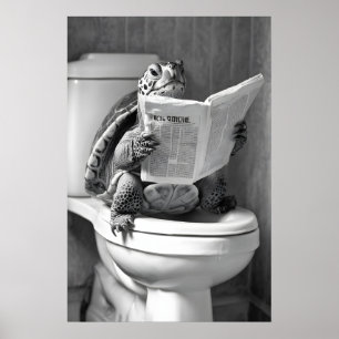Funny Turtle Toilet Print, Reading Newspaper Poster