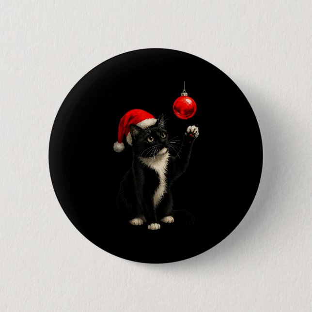 Funny Tuxedo Bauble Cat Santa Hat Red Xmas Christm Button (Front)