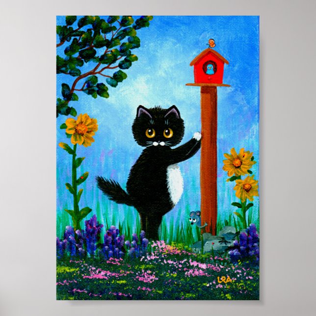 Funny Tuxedo Cat Birdhouse Mouse Creationarts Poster (Front)
