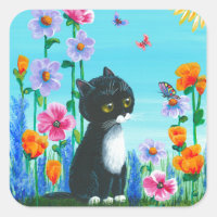 Funny Tuxedo Cat Butterflies Creationarts Square Sticker