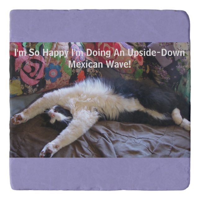 Funny Tuxedo Cat Cute doing a Mexican Wave Magnet Trivet (Front)