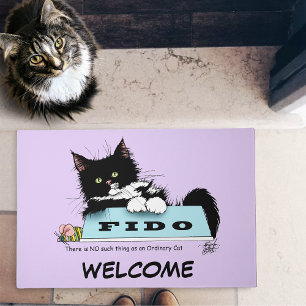 Funny Tuxedo Cat Dog's Bowl Purple Doormat