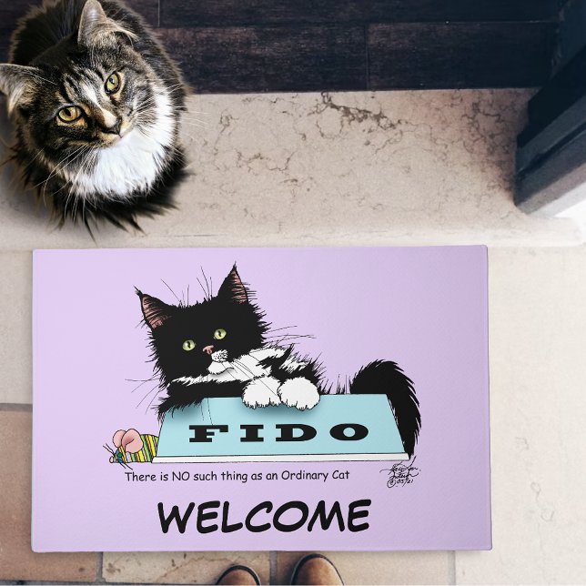 Funny Tuxedo Cat Dog's Bowl Purple Doormat (Creator Uploaded)