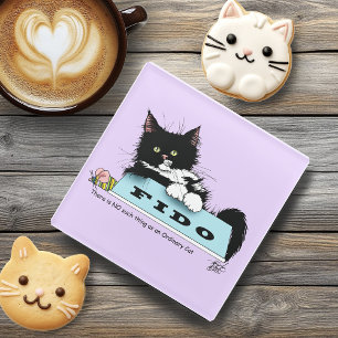 Funny Tuxedo Cat Dog's Bowl Purple Glass Coaster