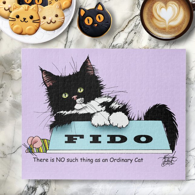 Funny Tuxedo Cat Dog's Bowl Purple Jigsaw Puzzle (Creator Uploaded)