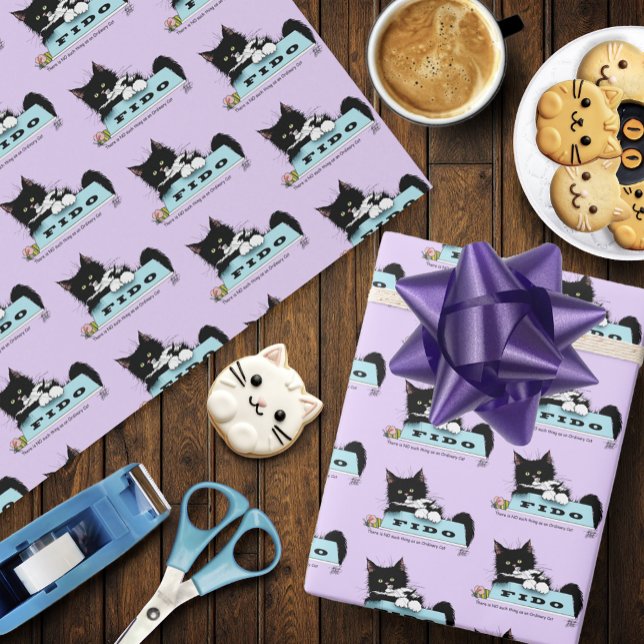 Funny Tuxedo Cat Dog's Bowl Purple Wrapping Paper (Creator Uploaded)
