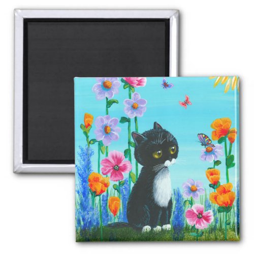 Funny Tuxedo Cat Flowers Creationarts Magnet