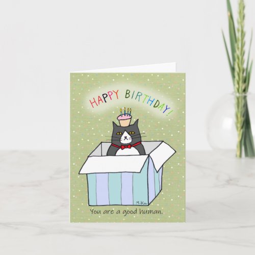 Funny Tuxedo Cat in a Box with cupcake Birthday Card