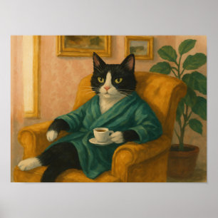 Funny Tuxedo Cat in Bathrobe Drinking Coffee Poster