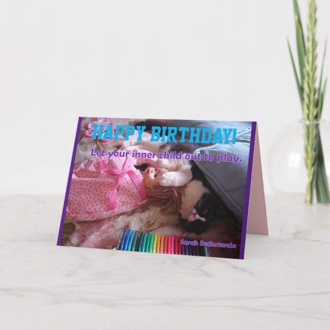 Funny Tuxedo Cat Inner Child Happy Birthday Card (Front)