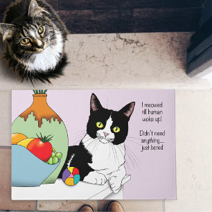 Funny Tuxedo Cat Morning Meowing Humor Lavender Doormat