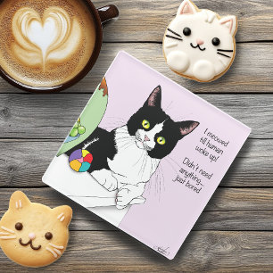 Funny Tuxedo Cat Morning Meowing Humor Lavender Glass Coaster