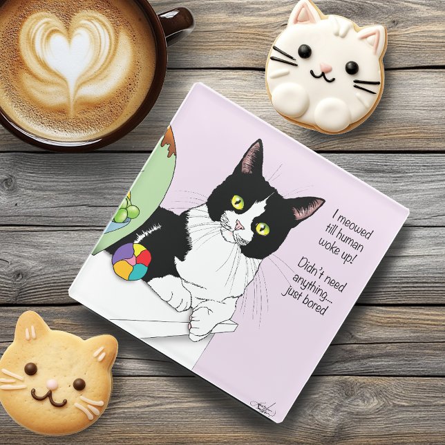 Funny Tuxedo Cat Morning Meowing Humor Lavender Glass Coaster (Creator Uploaded)
