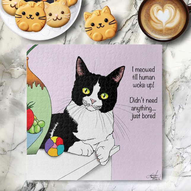 Funny Tuxedo Cat Morning Meowing Humor Lavender Jigsaw Puzzle (Creator Uploaded)