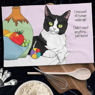 Funny Tuxedo Cat Morning Meowing Humor Lavender Kitchen Towel