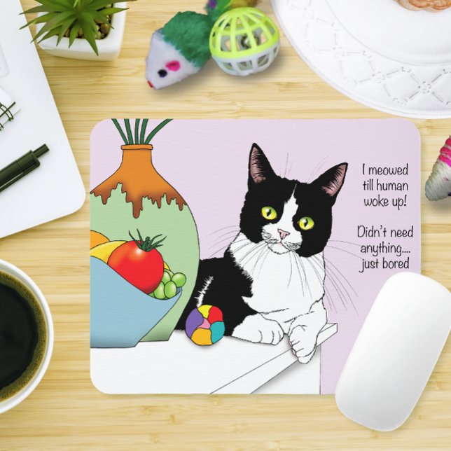 Funny Tuxedo Cat Morning Meowing Humor Lavender Mouse Pad (Creator Uploaded)
