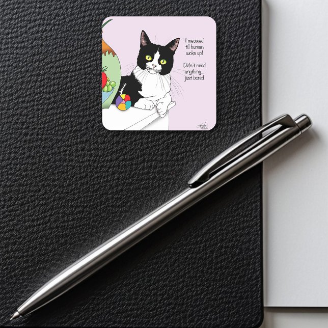 Funny Tuxedo Cat Morning Meowing Humor Lavender Square Sticker (Creator Uploaded)