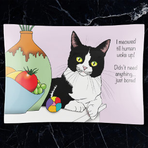 Funny Tuxedo Cat Morning Meowing Humor Lavender Trinket Tray