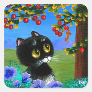 Funny Tuxedo Cat Mouse Creationarts Square Sticker