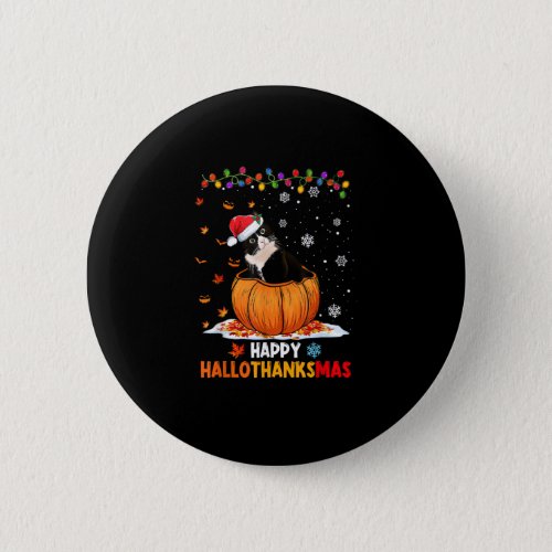 Funny Tuxedo Cat On Pumpkin Happy Hallothanksmas Button