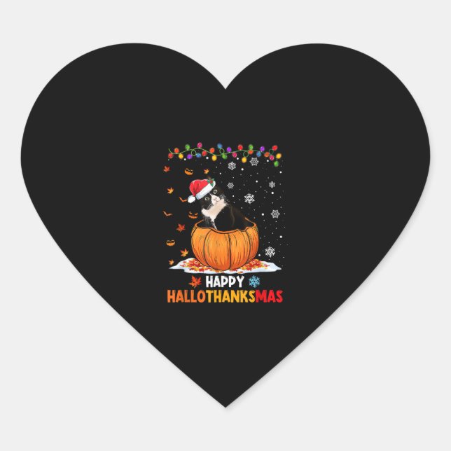 Funny Tuxedo Cat On Pumpkin Happy Hallothanksmas Heart Sticker (Front)