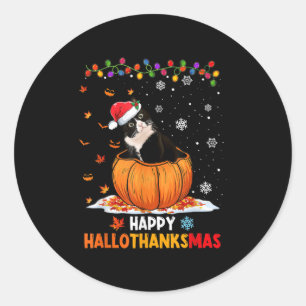 Funny Tuxedo Cat On Pumpkin Happy Hallothanksmas M Classic Round Sticker