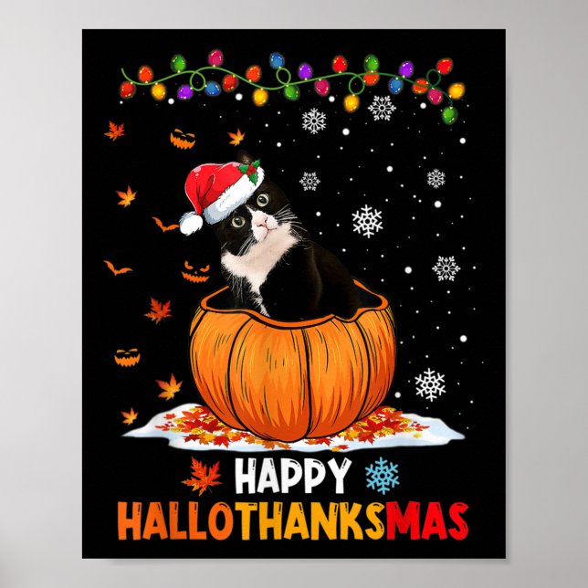 Funny Tuxedo Cat On Pumpkin Happy Hallothanksmas M Poster (Front)