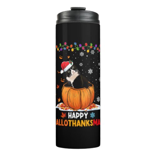 Funny Tuxedo Cat On Pumpkin Happy Hallothanksmas Thermal Tumbler